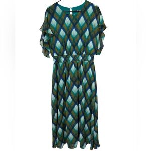 Maggy London Green and Blue Patterned Dress, Size 16